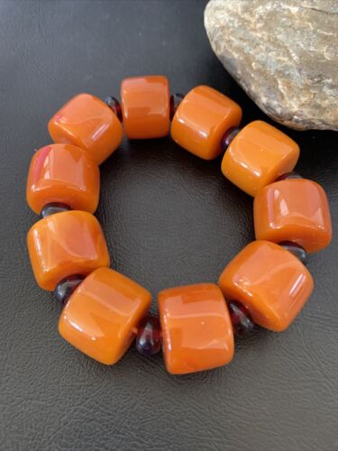 Southwestern Stretch Bracelet Set | Yellow Gold | Red Fossil Amber Stones | Authentic Native American Handmade | 10634