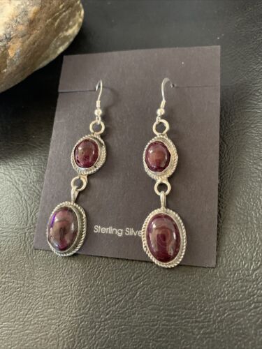 Navajo Purple Spiny Oyster Dangle Earrings | Sterling Silver | Authentic Native American Handmade | 12508