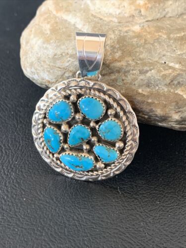 Navajo Blue Kingman Turquoise Cluster Pendant | Authentic Native American Sterling Silver | Multi-Stone | 2" | 02094