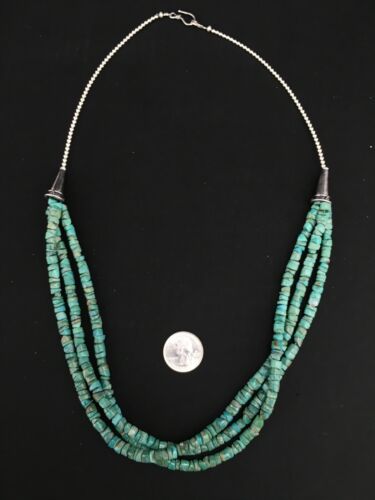 Native American Sterling Silver 3-Strand Turquoise Heishi Necklace | 27" | 6mm Beads | 1138 - Masha USA