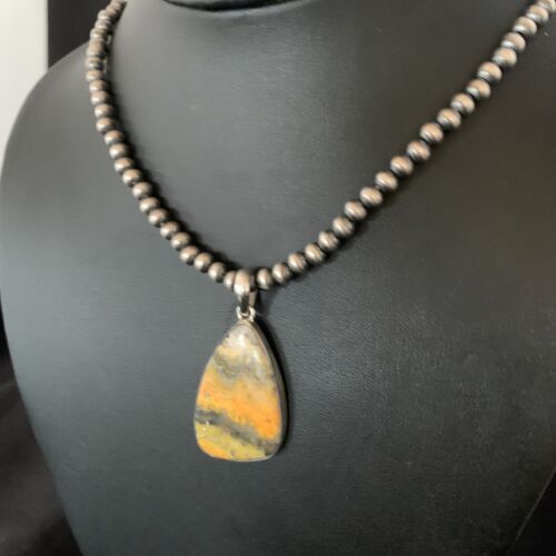 Navajo Yellow Bumblebee Jasper Pendant Necklace | Sterling Silver | Authentic Native American Handmade | 12806