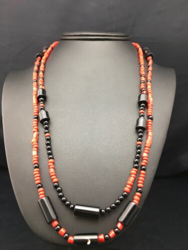 Southwestern Red Coral & Onyx 2-Strand Necklace | Navajo Sterling Silver | Authentic Native American Handmade | 4523