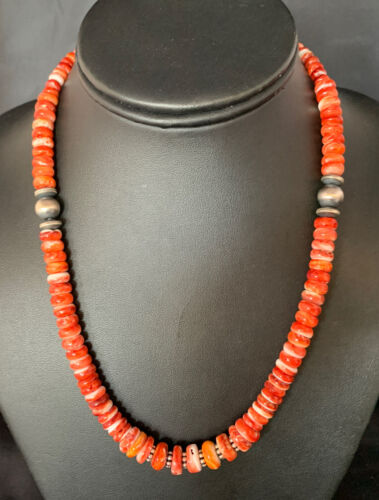 Navajo Red Spiny Oyster Graduated Necklace | Sterling Silver | Authentic Native American | 18" | 13616