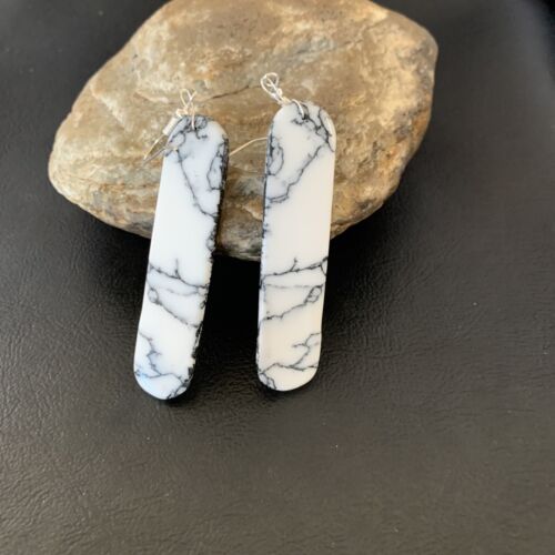 Navajo White Buffalo Turquoise Dangle Earrings | Sterling Silver | 2" | Authentic Native American Handmade | 11753
