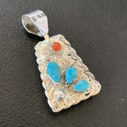 Zuni Yellow Mother of Pearl Turquoise Spiny Inlay Sun Face Pendant | Sterling Silver | 1686