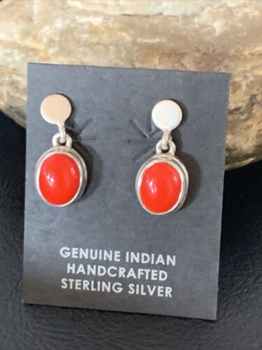 Native American Navajo Red Coral Dangle Earrings | Sterling Silver | 1" | 13114 - Masha USA