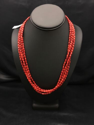Navajo Red Bamboo Coral 4 Strand Necklace | Sterling Silver | 21" | Authentic Native American Handmade | 2875 - Masha USA