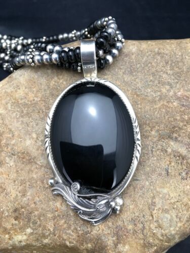 Navajo Pearls Sterling Silver Black Onyx Necklace | 3 Strand Pendant | 23" | Authentic Native American Handmade | 1012