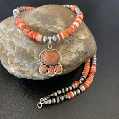 Navajo Pearl Necklace with Red Apple Coral, Spiny Oyster Pendant | Authentic Native American Sterling Silver | Multi-Stone | 12390