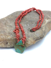 Native American Turquoise Coral Pendant Necklace | Brass Old Pawn | 19" | 4002