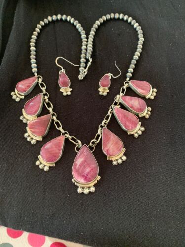 Navajo Purple Spiny Oyster Pendant Necklace Set | Authentic Native American Sterling Silver | Handmade | 4555