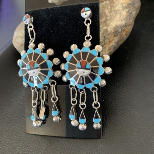 Zuni Sun Face Dangle Earrings | Kingman Turquoise & Black Onyx | Sterling Silver | 12127