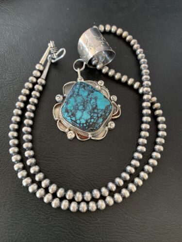 Men's Navajo Blue Spiderweb Turquoise Pendant Necklace | Sterling Silver | Authentic Native American Handmade | 10663