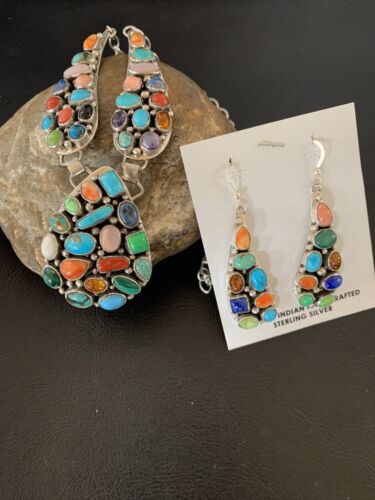 Navajo Multi-Color Turquoise Spiny Necklace & Earring Set | Sterling Silver | 2105