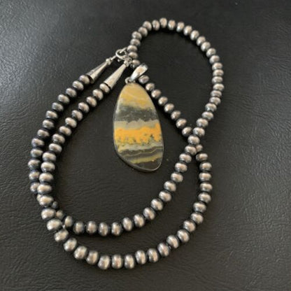 Navajo Yellow Bumblebee Jasper Pendant Necklace | Sterling Silver | Authentic Native American Handmade | 12808