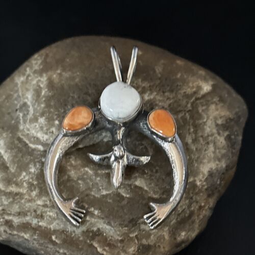 Navajo White Buffalo Turquoise Spiny Naja Pendant | Sterling Silver | Authentic Native American Handmade | 14671