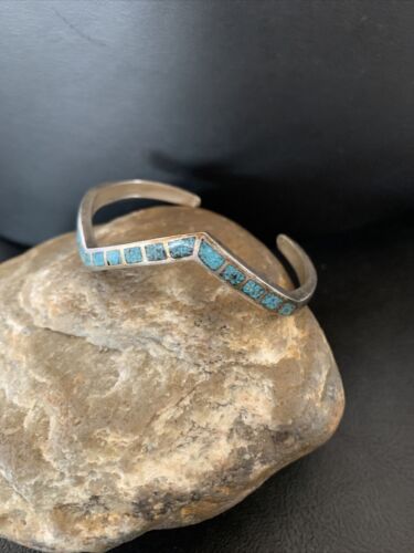 Navajo Old Pawn Blue Turquoise Chip Inlay Bracelet | Sterling Silver | Authentic Native American Handmade | 1168