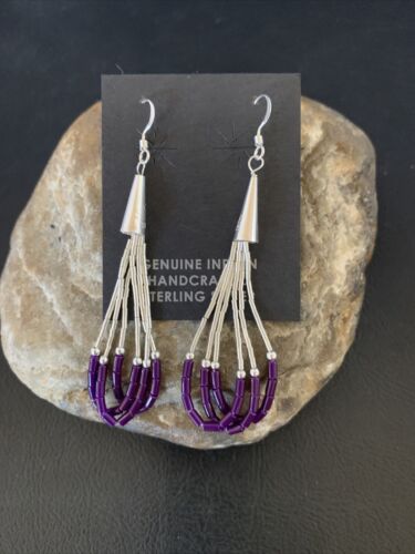 Handmade Liquid Silver Heishi Tube Beads Sugilite Earrings | Sterling Silver | 2" | 13048