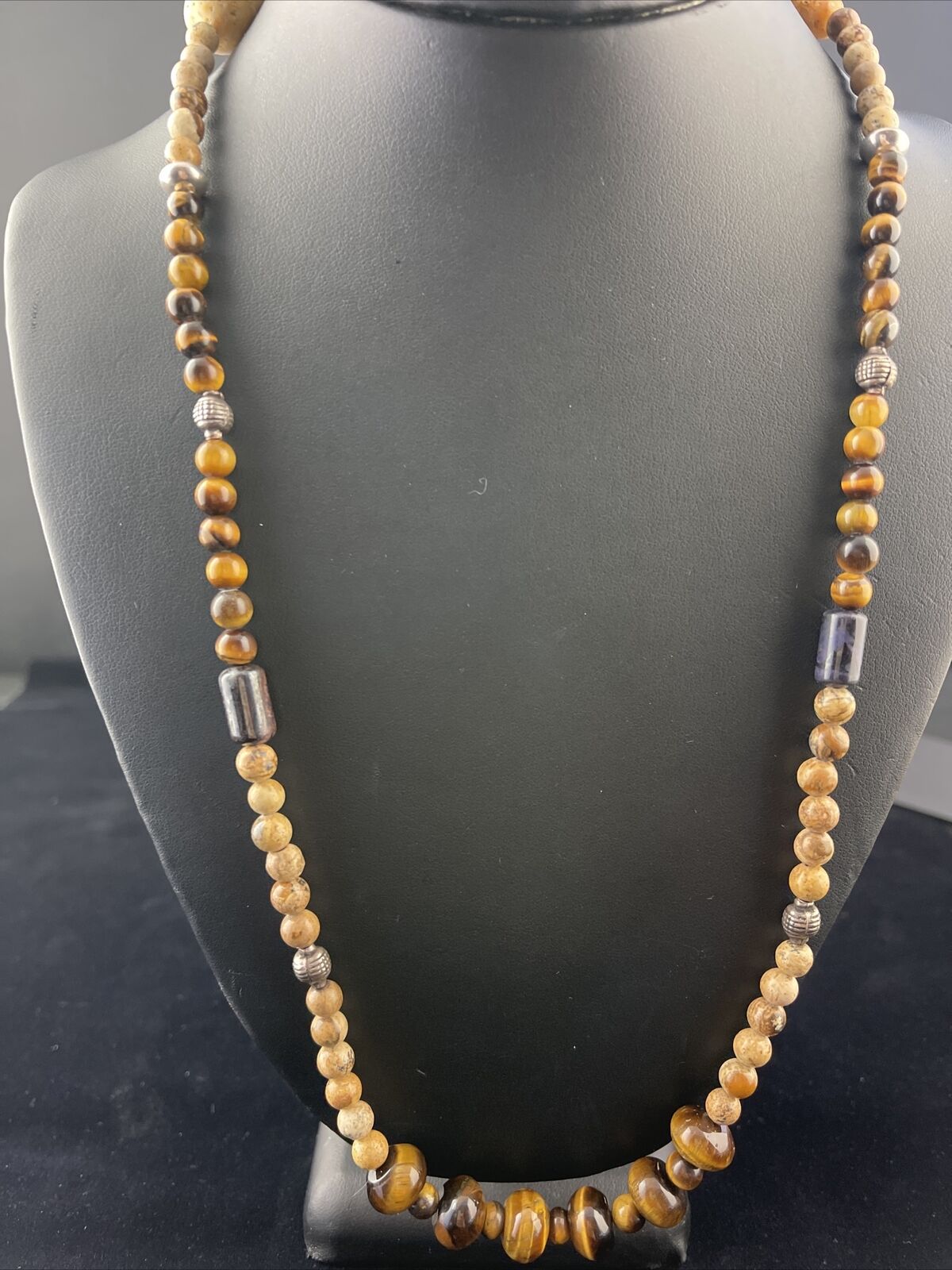 Women's Graduated Tigers Eye & Picture Jasper Necklace | Sterling Silver | Authentic Native American | 24" | 10075