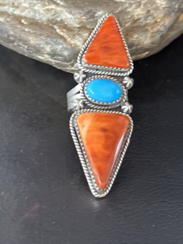 Navajo Orange Spiny Oyster Multi-Stone Ring | Authentic Native American Sterling Silver | Multi-Stone | Sz 6.5 | 14505