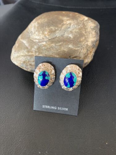 Native American Women's Blue Azurite Nugget Earrings | Sterling Silver | 13016