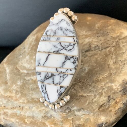 Navajo White Buffalo Turquoise Inlay Ring | Sterling Silver | Sz 6 | Authentic Native American Handmade | 12177