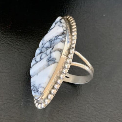 Navajo White Buffalo Turquoise Inlay Ring | Sterling Silver | Sz 7 | Authentic Native American Handmade | 12176