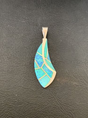 Authentic Native American Navajo Sterling Silver Blue Opal Inlay Pendant | Handmade Jewelry | 12273 - Masha USA