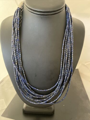 Navajo Sterling Silver 10-Strand Lapis Necklace | Authentic Native American Handmade | 01095