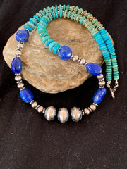 Navajo Lapis & Turquoise Beads Necklace | Sterling Silver | Authentic Native American Handmade | 20" | 4696