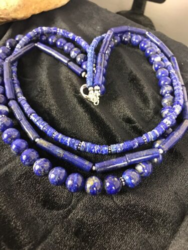 Navajo Denim Lapis 3 Strand Necklace | Sterling Silver | 22" | Authentic Native American Handmade | 3666