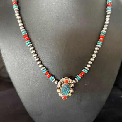 Navajo Multi-Color Blue Turquoise Coral Necklace Pendant | Authentic Native American Sterling Silver | Naja | 14371 - Masha USA