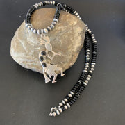 Navajo Kokopelli Pendant with Pearls, Black Onyx, and Multi-Stone | Authentic Native American Sterling Silver | 12284