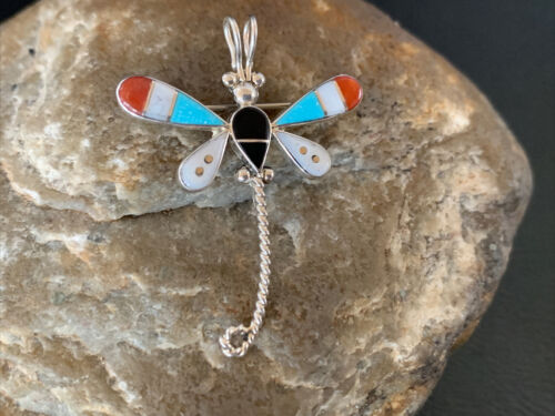 Zuni Turquoise White Mother of Pearl Inlay Dragonfly Necklace Pin Pendant | Sterling Silver | 12326