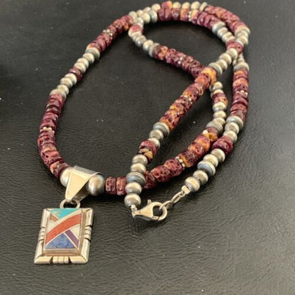 Navajo Multi-Color Inlay Pendant | Sterling Silver Purple Spiny Oyster Necklace 21" | 12359