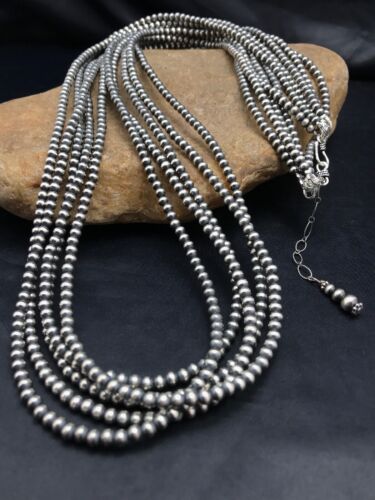 Southwestern Navajo Pearls Bead Necklace | 4mm 5-Strand Sterling Silver | 21" | 1053