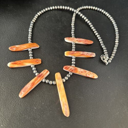 Navajo Orange Spiny Oyster Stick Bead Necklace | Sterling Silver | 20" | Authentic Native American Handmade | 14320