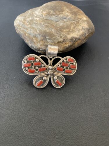 Navajo Red Coral Butterfly Pendant | Authentic Native American Sterling Silver | Multi-Stone | 1.5" | 1998