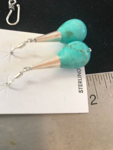 Native American Blue Turquoise Bead Dangle Earrings |  Navajo Handmade Sterling Silver | 960