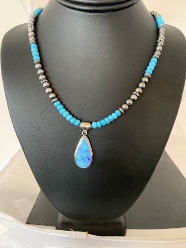 Navajo Blue Turquoise Necklace with Opal Pendant | Sterling Silver | Authentic Native American Handmade | 566