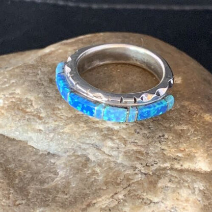 Navajo Blue Opal Inlay Ring | Sterling Silver | Sz 9 | Authentic Native American Handmade | Yazzie | 13533