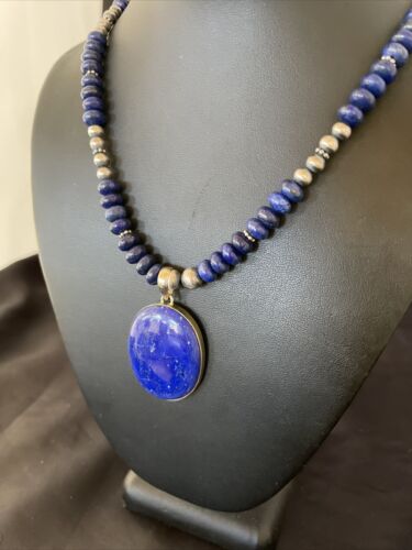 Navajo Pearls Sterling Silver Necklace with Blue Lapis Pendant | Authentic Native American Handmade | 11352