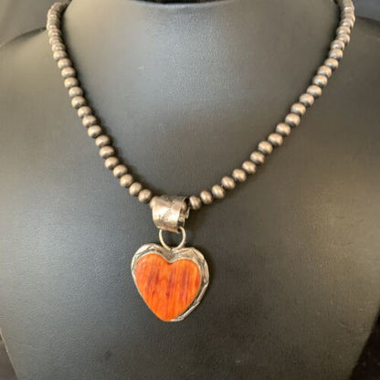 Navajo Orange Heart Spiny Oyster Pendant | Sterling Silver Necklace | Authentic Native American Handmade | 13948 - Masha USA