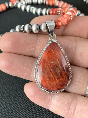 Red Spiny Oyster Pendant | Sterling Silver Navajo Pearls Necklace | Authentic Native American Handmade | 4960