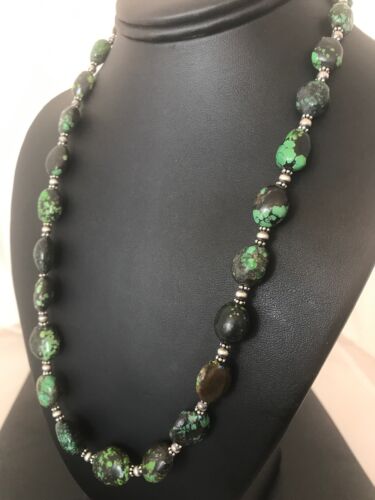 Navajo Green Spiderweb Turquoise Nugget Necklace | Sterling Silver | 22" | Authentic Native American Handmade | 3214