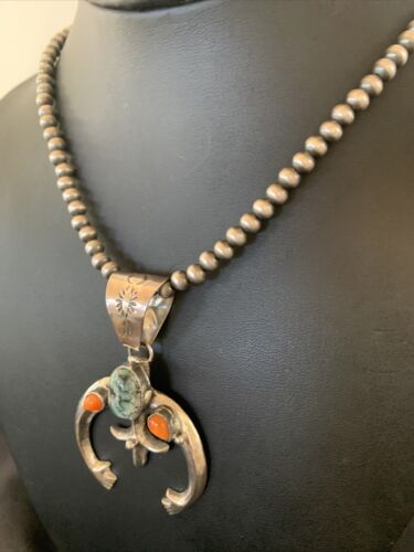 Navajo Pearl Necklace with Green Turquoise & Spiny Oyster Naja Pendant | Sterling Silver | Authentic Native American Handmade | 11701