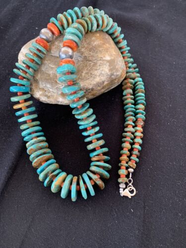 Navajo Sterling Silver Necklace | Natural Green Turquoise & Spiny Oyster | Graduated | Authentic Native American | 28" | 00328