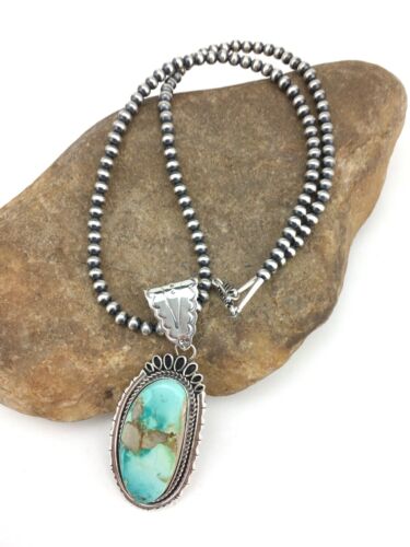 Royston Turquoise Pendant | Navajo Pearls Sterling Silver Necklace | Authentic Native American Handmade | 4820