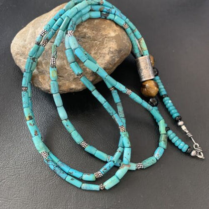Navajo 3-Strand Tube Turquoise Bead Necklace | Sterling Silver | 26" | Authentic Native American Handmade | 11821