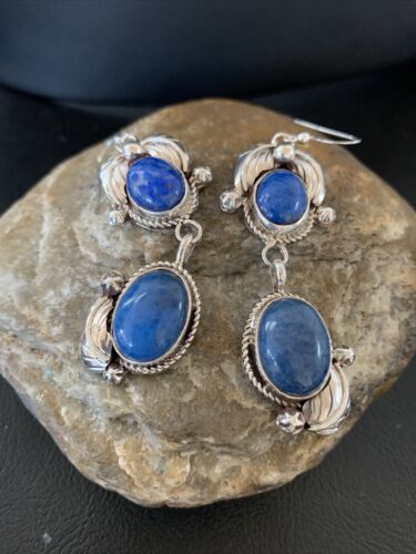 Native American Navajo Denim Lapis Dangle Earrings | Sterling Silver | 2" | 1866